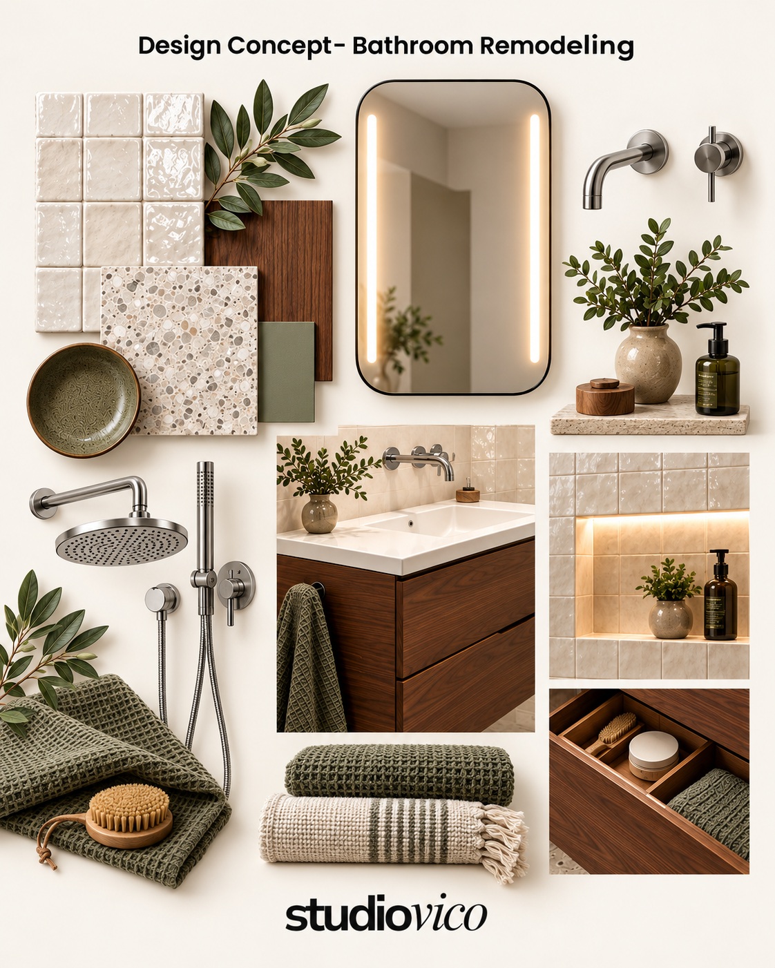 Bathroom concept board with warm ivory tile, walnut cabinetry, olive textiles and brushed metal fixtures