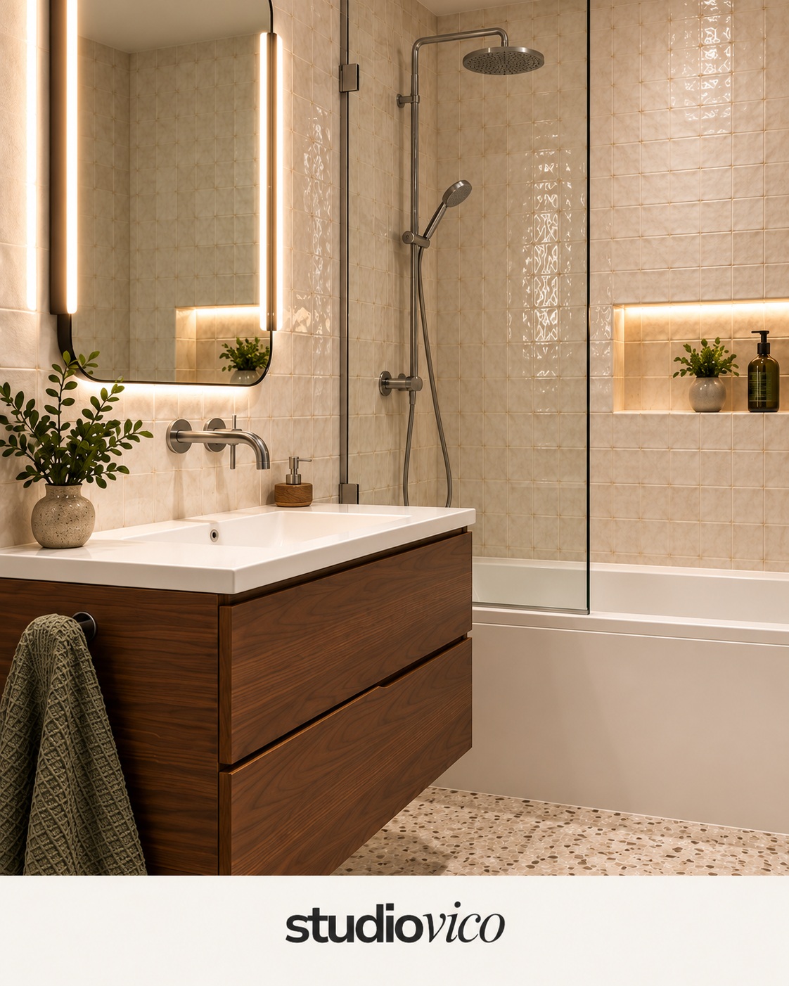 Bathroom concept detail showing the vanity, mirror, tile and brushed metal fixtures