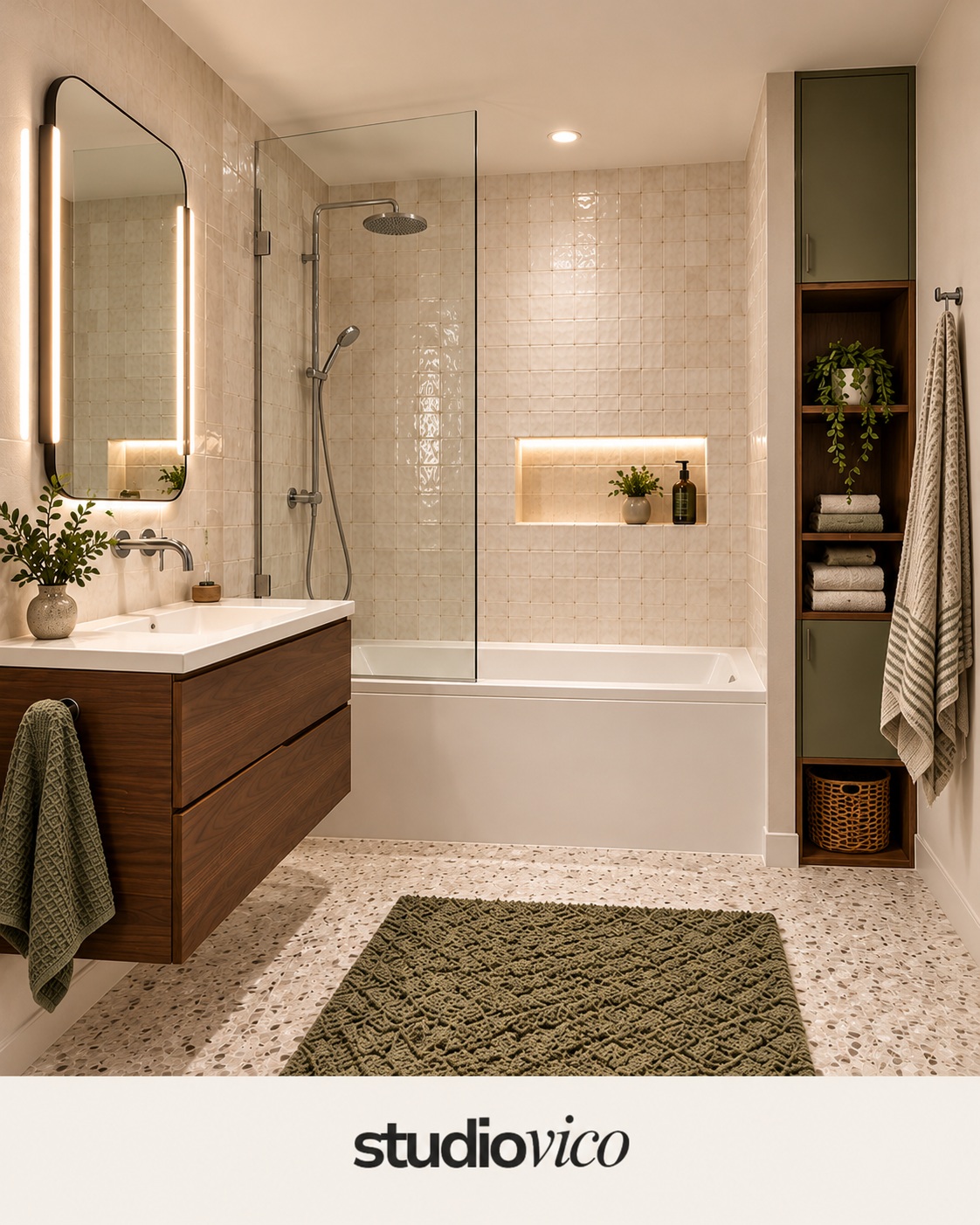 Bathroom concept visualization with a walnut vanity, warm tile and an illuminated shower niche